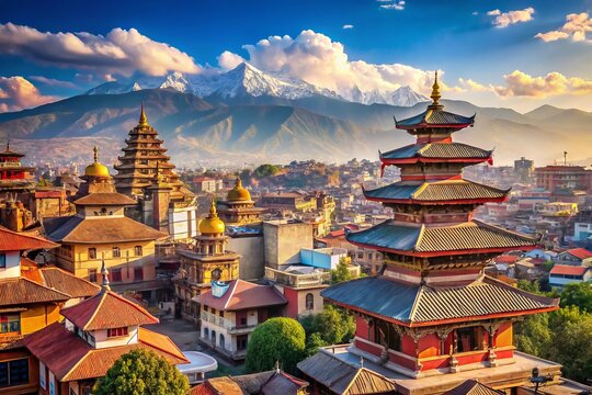 Vibrant Kathmandu cityscape with majestic Himalayan mountains, colorful temples, and bustling streets showcasing a mix