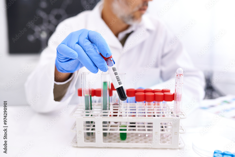 Sticker Man, scientist and laboratory with blood sample in test tube for medical analysis, investigation and research. Science, healthcare development and vial for dna exam or study and scientific experiment