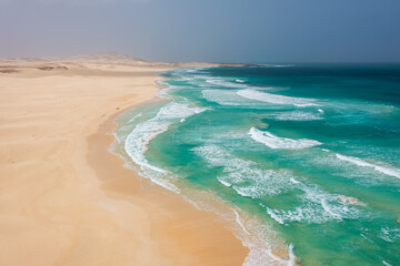 Sand beach with waves from above on Cape Verde&rsquo;s island Boa Vista