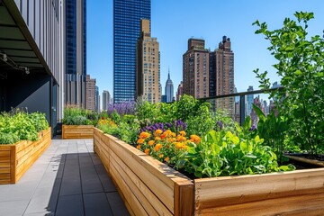Fototapeta premium An urban rooftop garden in the heart of New York City, featuring wooden planters