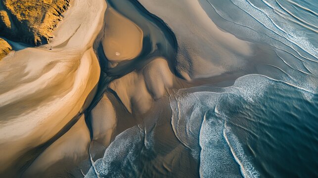 Sand and water create a beautiful abstract landscape when seen from above in Iceland.