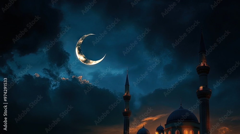 Wall mural Elegant Ramadan Eid wallpaper with a crescent moon and mosque against a dark sky, celebrating Islamic traditions