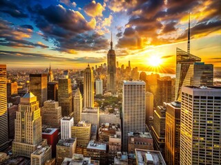 Vibrant morning sky illuminates towering skyscrapers and bustling streets of Manhattan as the sun...