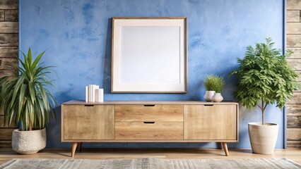 Wooden cabinet, dresser against concrete wall with empty blank mock up poster frame with copy space. Rustic home interior design of modern living room.
