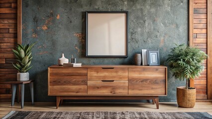 Wooden cabinet, dresser against concrete wall with empty blank mock up poster frame with copy space. Rustic home interior design of modern living room.
