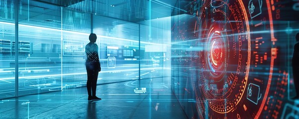 An AI-powered security system analyzing and reacting to a simulated break-in scenario in a high-tech facility, with detailed holographic overlays of data and threats.