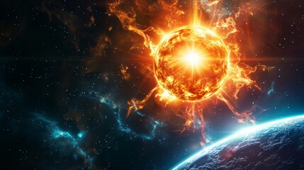 Obraz premium Explosive Cosmic Light Erupting from Fiery Neutron Star in Vast Space Surrounding