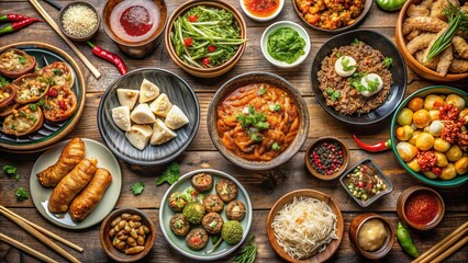 A top-down view of a table full of Chinese dishes.