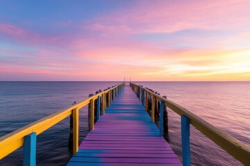 Naklejka premium A brightly colored wooden boardwalk stretches over a calm beach