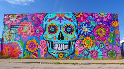 Fototapeta premium A colorful calavera skull street art mural, bringing cultural vibrancy to an urban neighborhood
