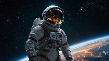astronaut in space. mixed media luminescent celestial deep space
