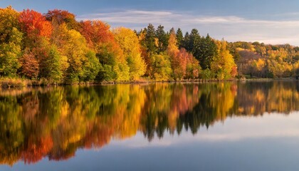 Colorful Autumn Foliage Reflecting in Still Lake, Creating a Picture-Perfect Scene