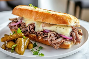 A hearty sandwich filled with roast beef, melted cheese, and pickles on a plate.