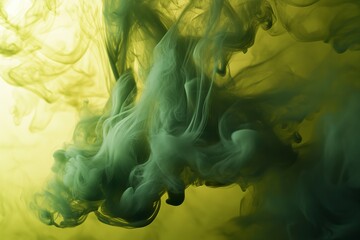 Fototapeta premium Yellowish-green ink swirling in water, forming complex patterns.