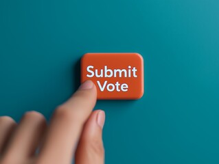 Close-up of a hand pressing a 'Submit Vote' button on a teal background, symbolizing election participation and democratic process.