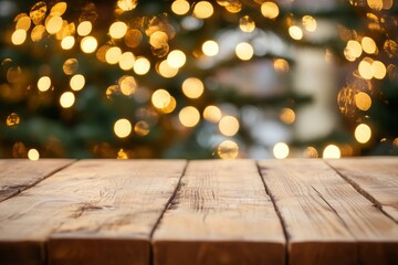Wooden Table with a Bokeh Background of Christmas Lights