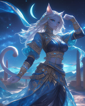 cat beastfolk princess in elegant blue robes standing under a crescent moon in a magical desert landscape