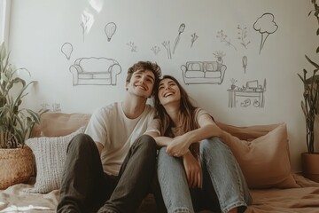 Naklejka premium Young Couple Sharing a Dreamy Moment on a Couch