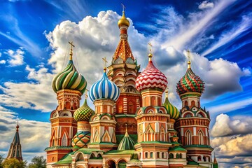 Obraz premium Vibrant onion-domed cathedral in Moscow's Red Square, with intricate mosaics and colorful patterns, set against a