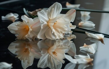 Fototapeta premium White daffodils in a glass vase on a light background
