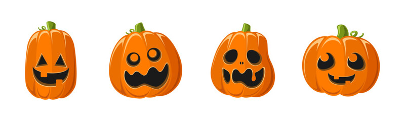 Cute Jack O Lantern with Different Shapes and Funny Facial Expressions Set. Creepy Spooky Halloween Pumpkin, Fall Autumn Decor Illustration Collection.