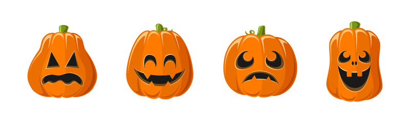Cute Jack O Lantern with Different Shapes and Funny Facial Expressions Set. Creepy Spooky Halloween Pumpkin, Fall Autumn Decor Illustration Collection.