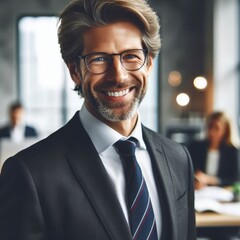 Fototapeta premium Happy middle aged professional business man, smiling mature executive ceo manager, 45 years old male entrepreneur, confident business owner wearing glasses in office. Headshot portrait. 