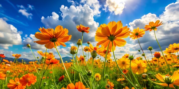 Vibrant orange and yellow eriz flowers bloom in a lush green meadow, swaying gently in the breeze beneath