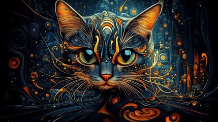 A vivid image of a cat's face, characterized by striking orange and blue swirling abstract patterns, evokes both intrigue and a sense of cosmic wonder.