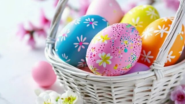 Colorful easter eggs in white basket. Easter white background 4K Video Clip easter, egg, basket, eggs, holiday, celebration, spring, decoration, food, color, colorful, tradition, easter egg, season, y