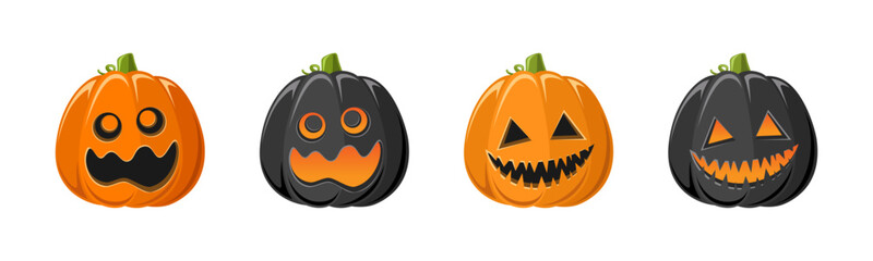 Cute Jack O Lantern with Different Shapes and Funny Facial Expressions Set. Creepy Spooky Halloween Pumpkin, Fall Autumn Decor Illustration Collection.