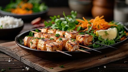Grilled chicken satay with peanut sauce on a rustic wooden table.