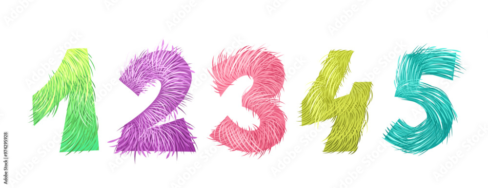 Wall mural Set of festive furry numbers for childish prints, Happy birthday and Halloween designs. Cute fluffy numbers from 1 to 5 for kids. Isolated vector clip arts on white background. Hand drawn figures.