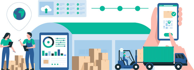 Modern Logistics Warehouse with Efficient Inventory Management. Supply Chain Operations Using Advanced Technology for Warehouse. PNG image. Illustration