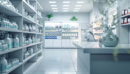 Fototapeta premium Pharmacy, pills and box with healthcare store, shelf and prescription care medicine. Medical, retail shop and supply of health supplements, vitamins and minerals for vitality and wellness dispensary