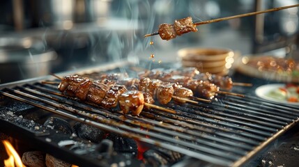 A Chinese barbecue stall with skewers of char siu pork coated in hoisin marinade.
