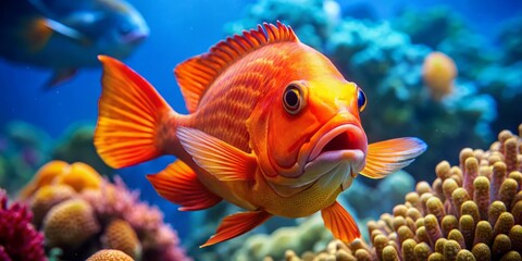 Fototapeta premium Vibrant orange fish with exaggerated, oversized lips and iridescent scales swims amidst coral reef, its bright fins and