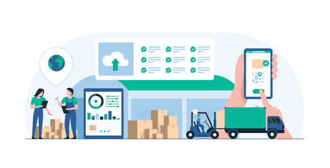 Modern Logistics Warehouse with Efficient Inventory Management. Supply Chain Operations Using Advanced Technology for Warehouse. Illustration