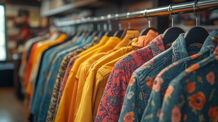 A colorful display of shirts hanging on a rack in a retail clothing store.