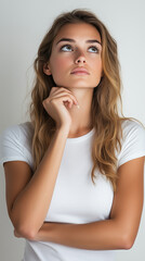 Fototapeta premium Pensive Young Woman Looking Upward in Deep Thought