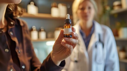 A close-up of a homeopathic healthcare professional holding a vial of essential oil while explaining its benefits to a patient in a warmly lit office