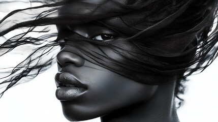 African woman with face partially covered by flowing black fabric
