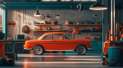 Fototapeta premium vintage car in a well-equipped, retro-styled garage with ambient lighting