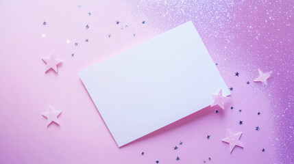 White card mockup invitation on pastel pink background with glowing stars. Party time. Generative AI