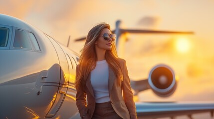 Naklejka premium Businesswoman walking next to private jet at sunset. Elegant and professional travel lifestyle.