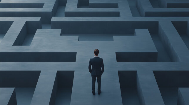 A man in suit stands thoughtfully in complex maze, symbolizing challenges and decision making. mazes intricate paths evoke feelings of contemplation and determination.