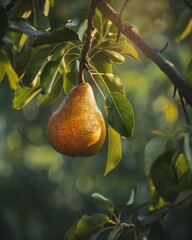 Single ripe pear hanging on a tree branch with green leaves in the sunlight
