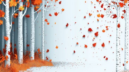 A serene autumn landscape featuring vibrant orange leaves falling among white birch trees against a soft blue background.