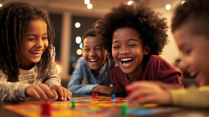 A family enjoying a cozy evening playing a colorful board game together. Smiles, fun, and bonding moments around the table.