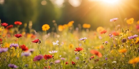 Colorful flower meadow with sunbeams and bokeh lights in summer - nature background banner with copy space - summer greeting card wildflowers spring concept 